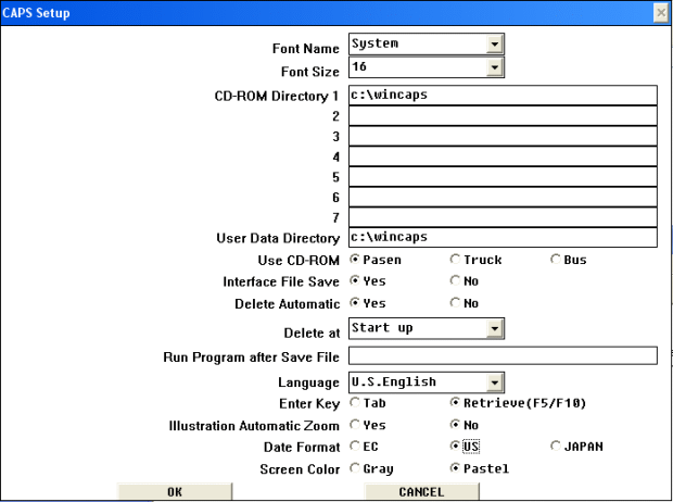 CAPS setup dialog